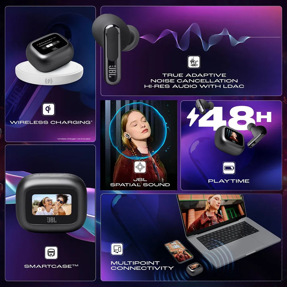 Live Beam 3 TWS Earbuds with Adaptive Noise Cancellation (IP55 Waterproof & Dustproof, Touchscreen Display, Black)